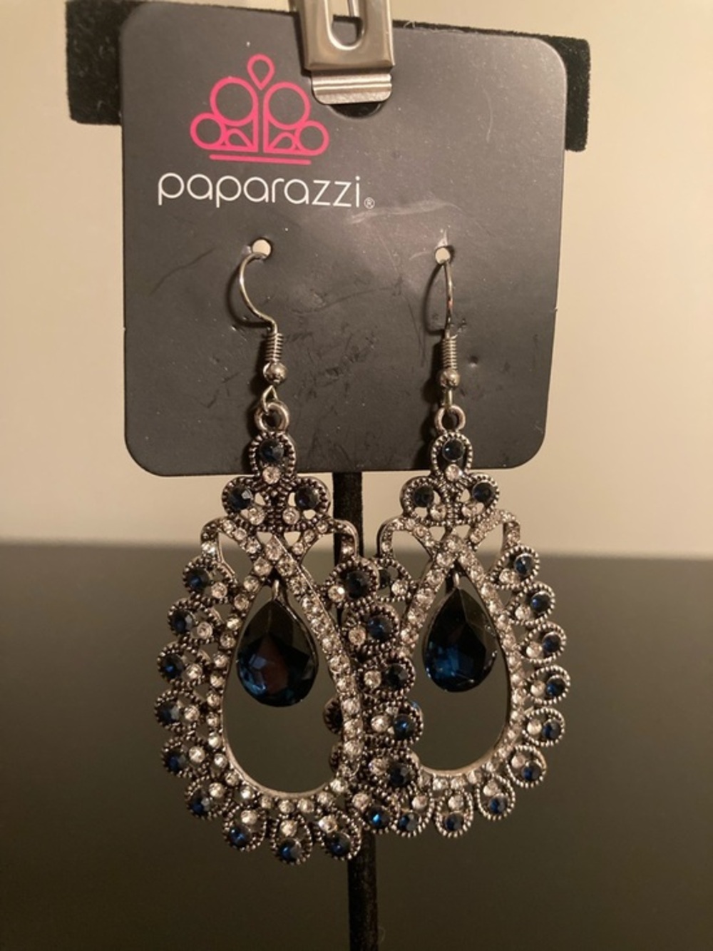 paparazzi Navy Teardrop Crystal Filigree Earrings